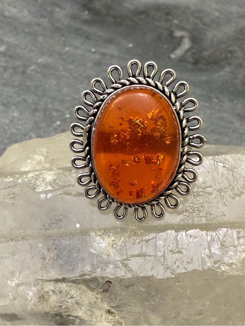 Genuine Amber Cabochon Silver Statement Ring 6